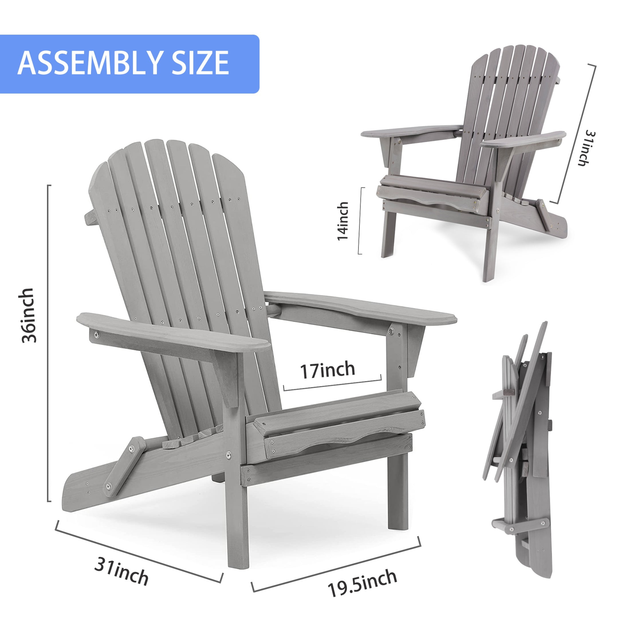 JXXRZ Wooden Folding Adirondack Chairs – Solid Cedar Outdoor Patio Garden Lounge,Grey (Set of 2)