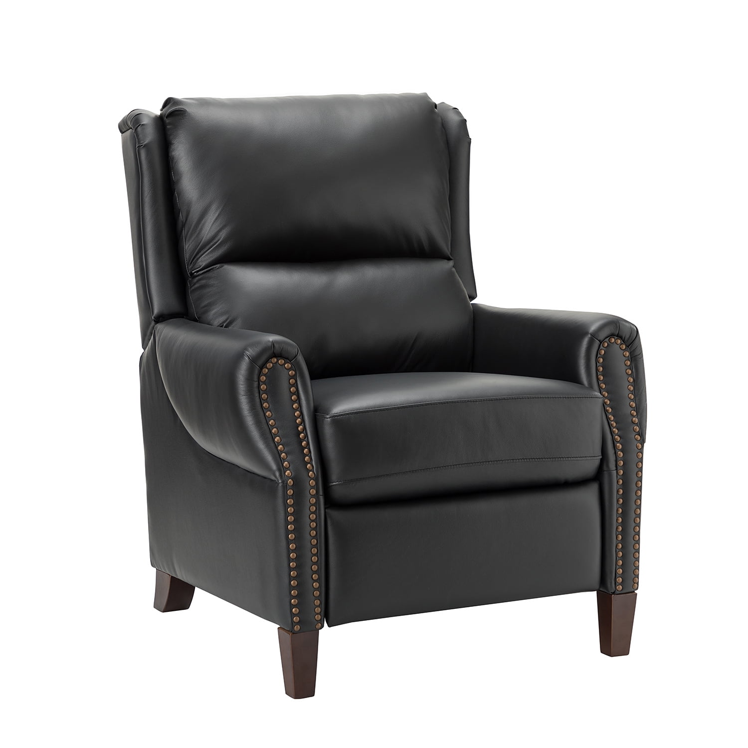 ARTFUL LIVING DESIGN Genuine Leather Manual Recliner Chair with Rivets & Wooden Legs, Black