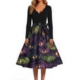 thumbnail image 4 of Halloween Dresses for Women Ghost Spider Long Sleeve Hepburn Cocktail Classic Dresses V Neck 1950s Casual Fall Dress with Belt 2XL, 4 of 5