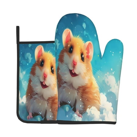 

Tebeau Cloud Cute Hamster Print Oven Mitts and Pan Racks 2-Piece Set Kitchen Oven Mitts and Pan Racks Heat Resistant 500 °F for Baking and Cooking