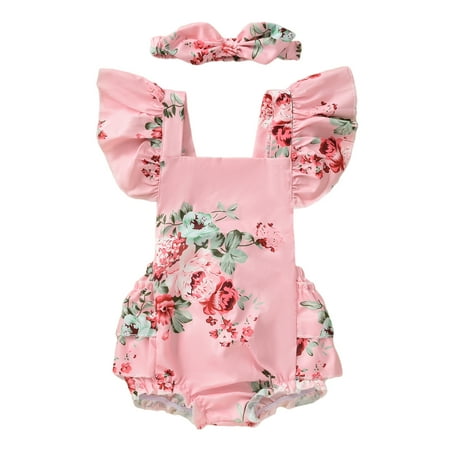 

Emmababy Baby Girl Tie-Up Flower Print Fly Sleeve Square Collar Bowknot Romper + Headband