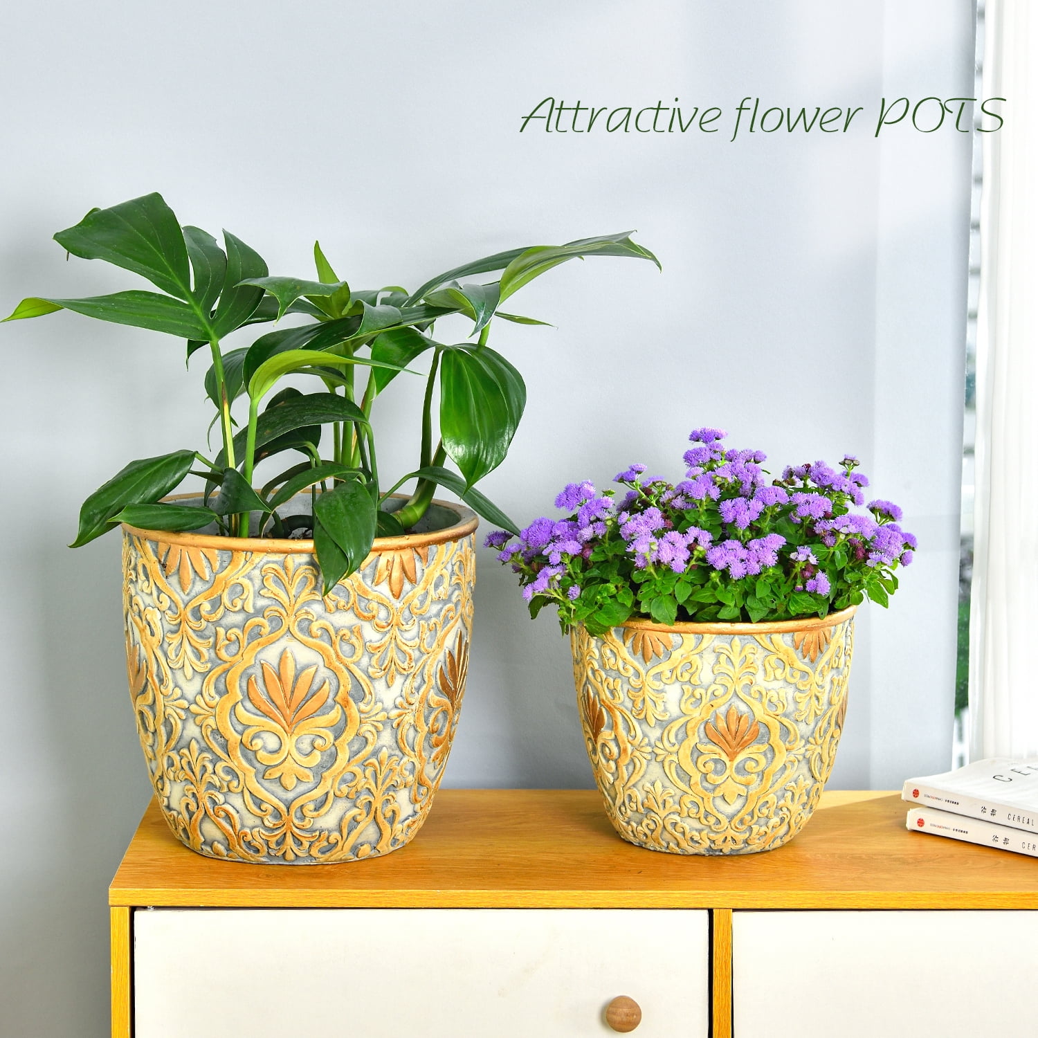 Sungmor Large Heavy Duty Cement Planters, Beautiful Embossed Concrete Garden Pots, 8" & 10" Set of 2 Plant Pots with Drainage Hole, Home Garden Decorative Flower Pots for Indoor Outdoor Plants Floral
