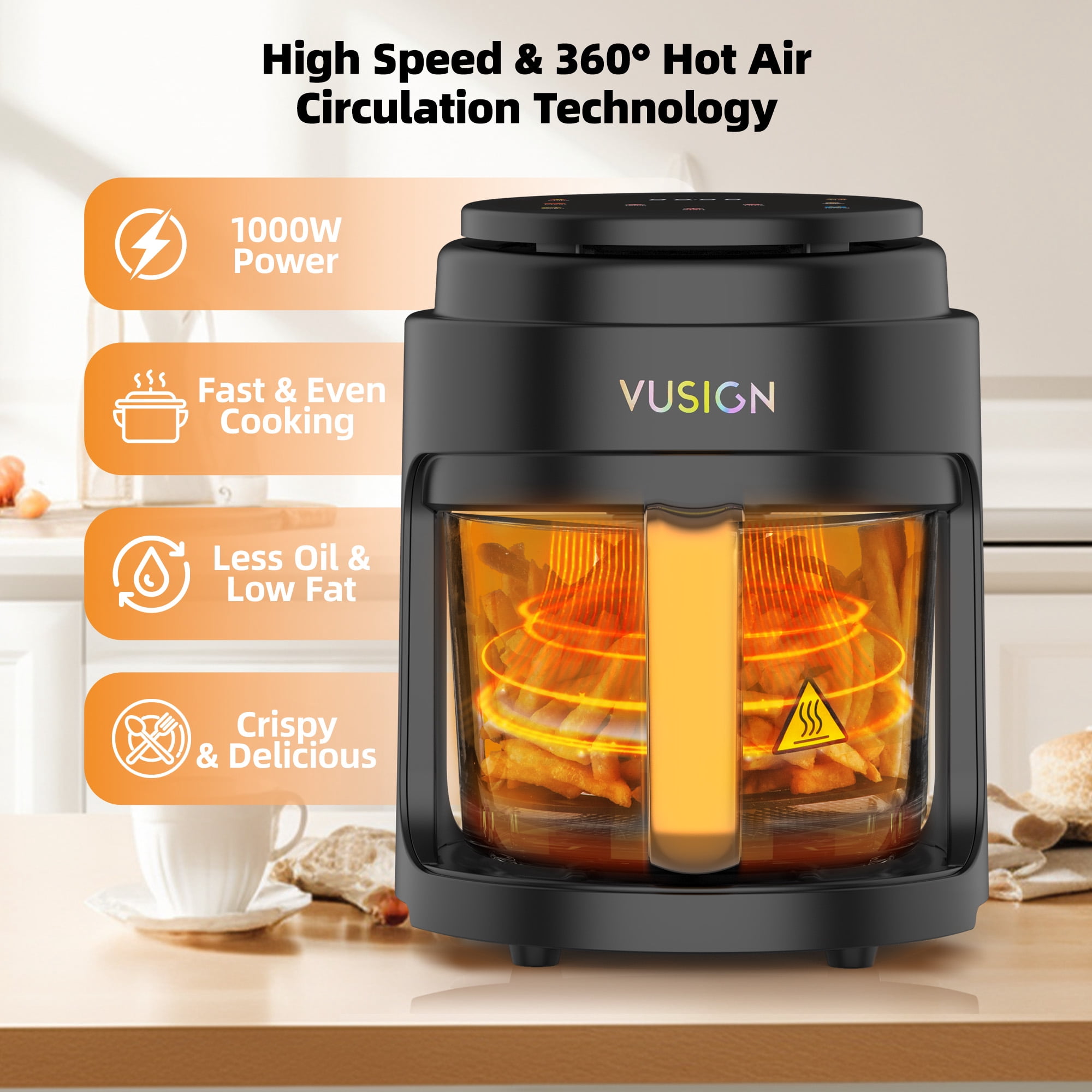 VUSIGN Air Fryer,5 Qt Glass Air Fryer with Max 410°F, LED Digital Touchscreen,Nonstick & Dishwasher Safe Basket,Black