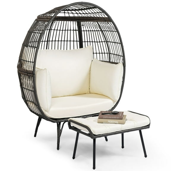 Gymax 2 PCS Patio Wicker Lounge Basket Set Oversized Egg Chair w/ Soft Cushions
