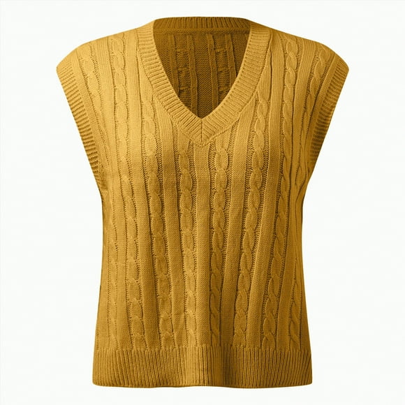 Splozh Women Sweater Fall Women Casual Print Sleeveless V Neck Ribbed Knit Split Pullover Sweater Vest Blouse Yellow,L