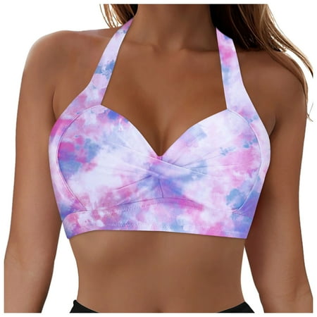 GEWSEY Women Halter Bikini Top Push Up Swimsuit Top Retro Swim Top Twist Front Bathing Suit Top Only Purple  S