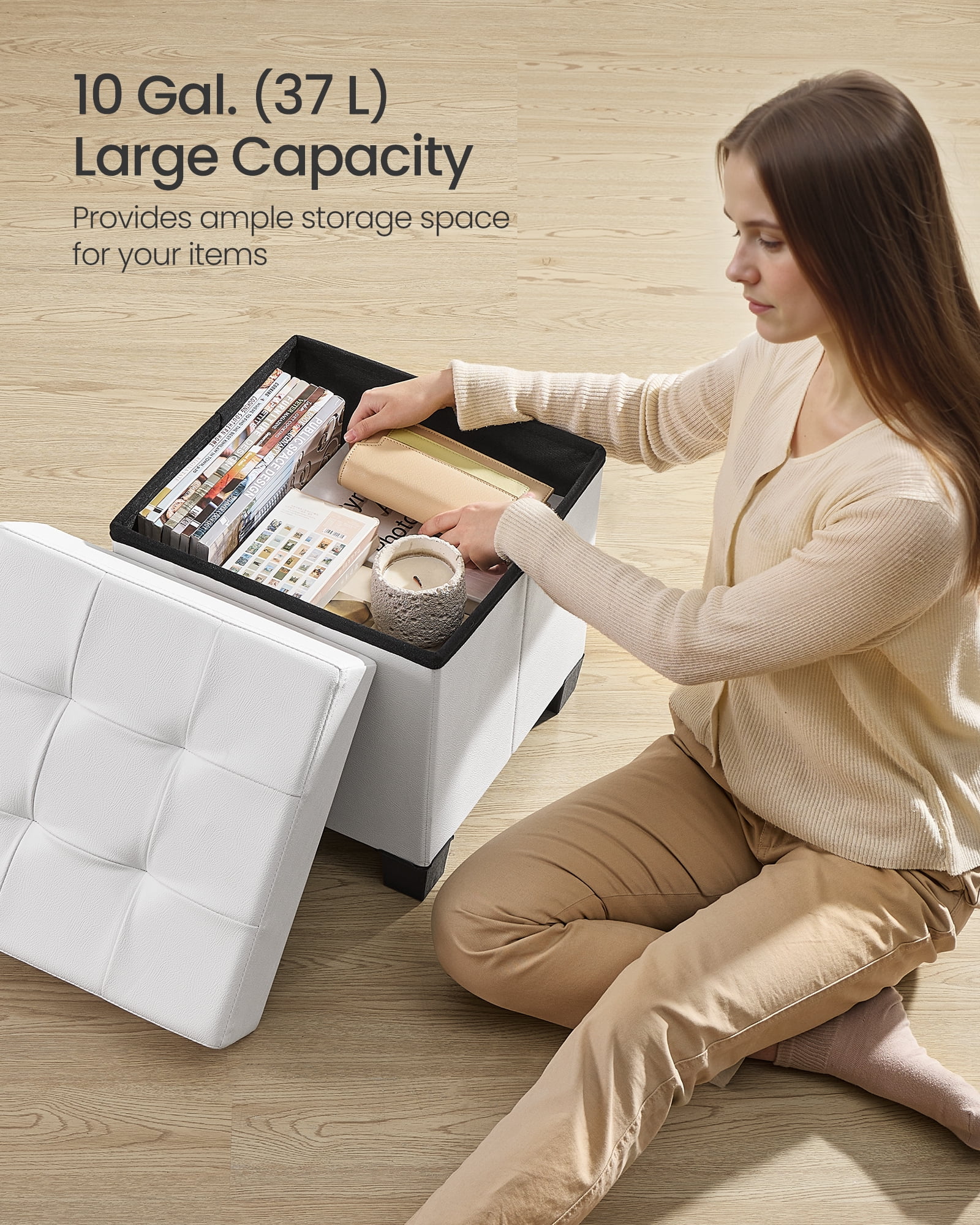 SONGMICS 15x15x15.7-Inch Cube Storage Ottoman with Legs. 10 Gal (37 L) Capacity. Synthetic Leather Footstool/Footrest.Cloud White