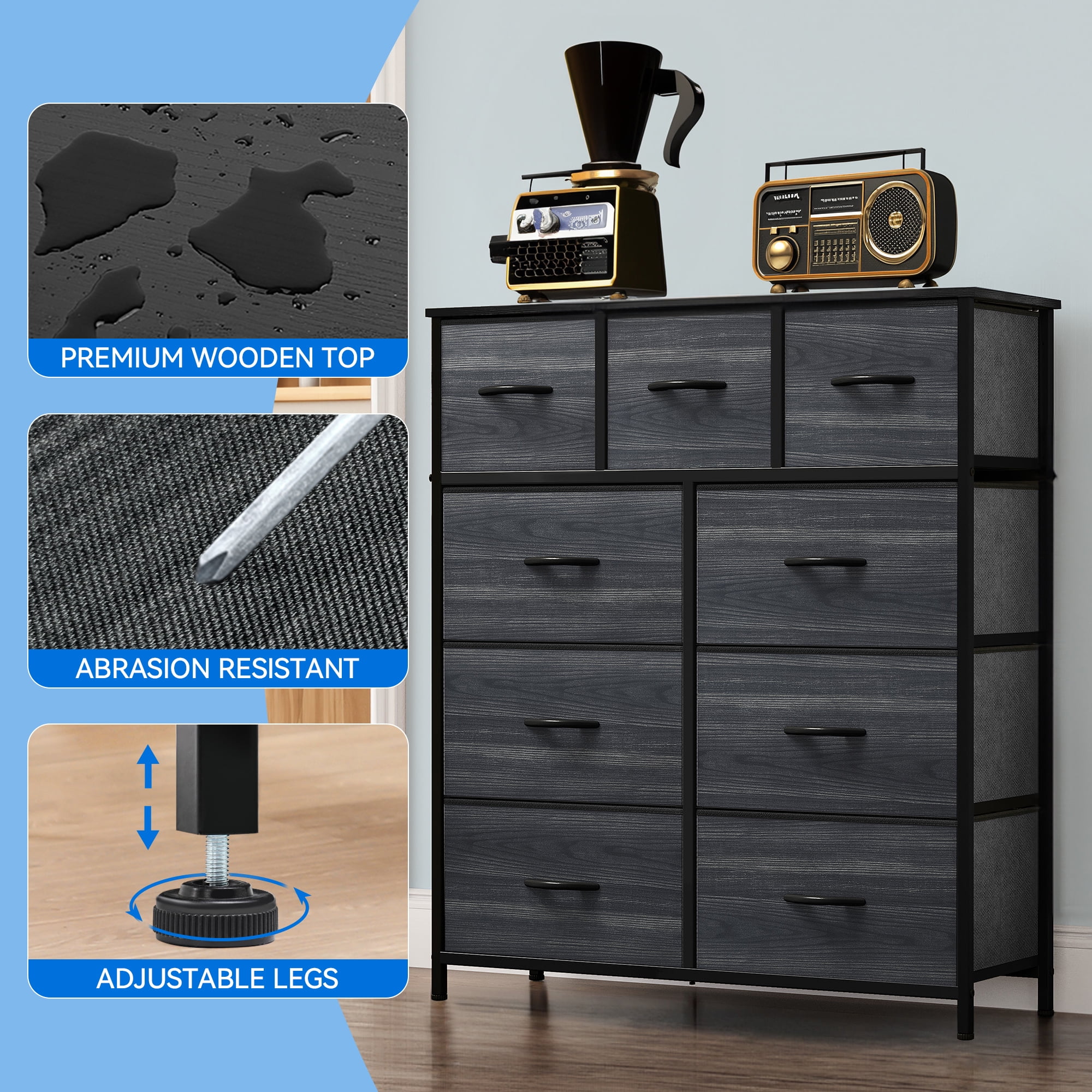Uforic 9 Drawer Dresser Fabric with Sturdy Steel Frame & Wooden Top for Bedroom,Living Room,Hallway,and Closets