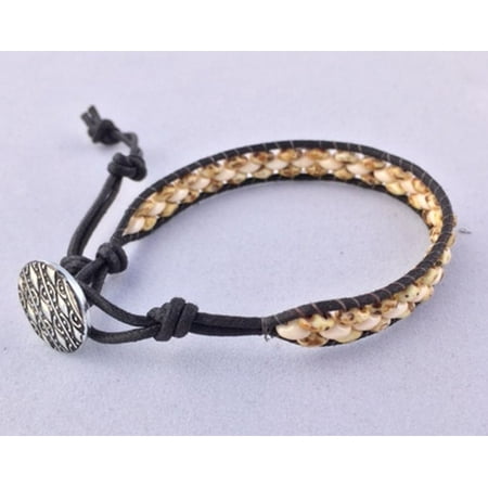 Czech Glass Bracelet - Artisan Made Boho Single Brown Leather Wrap Czech Glass Duo Bead Bracelet Vintage Button closure