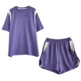thumbnail image 5 of Traje de dos piezas a juego con color de tiro, camiseta de manga corta con cuello redondo + pantalones cortos elásticos de cintura alta para mujer, 5 of 5