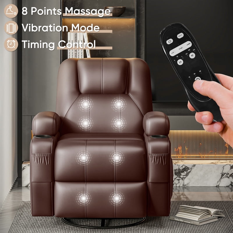 Vineego 360° Swivel Recliner Oversized Massage Rocking Chair Nursery Chair Power Living Room Furniture With Two Cup Holder,PU Brwon
