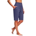 thumbnail image 4 of Women's Knee Length Bermuda Yoga Shorts, High Waisted Loose Wide Leg Summer Shorts with Pockets, Stretchy Athletic Gym Shorts for Casual Workout Daily Wear Dark Blue S, 4 of 5
