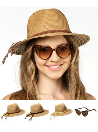 Funcredible Straw Fedora Hat for Women - Wide Brim Summer Hat - Panama Hats with Bows and Heart Shape Glasses - UPF 50+