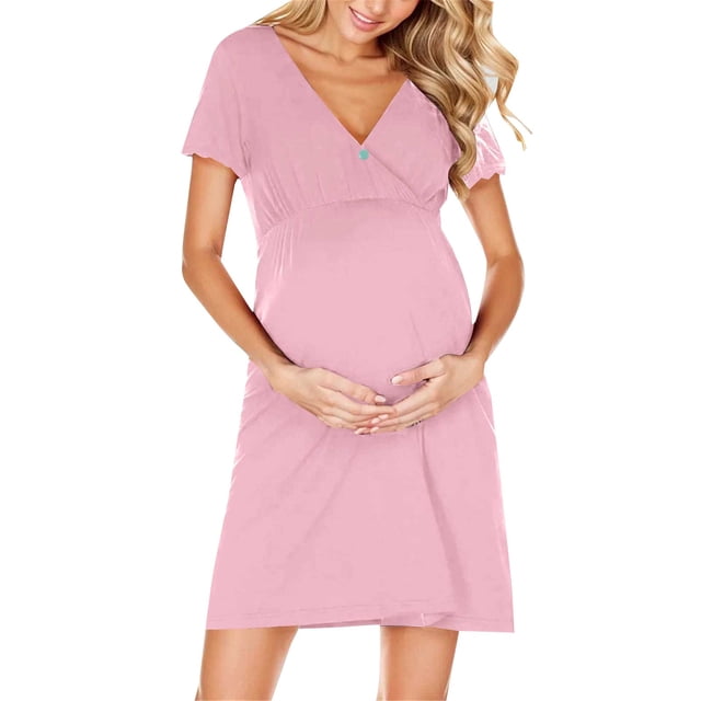 WZXFASHION Robe de Maternité Midi Décontractée pour Femmes à Col en V, Ligne A, Évasée, Portefeuille, Robe de Maternité pour Séance Photo WomenRobes Rose m