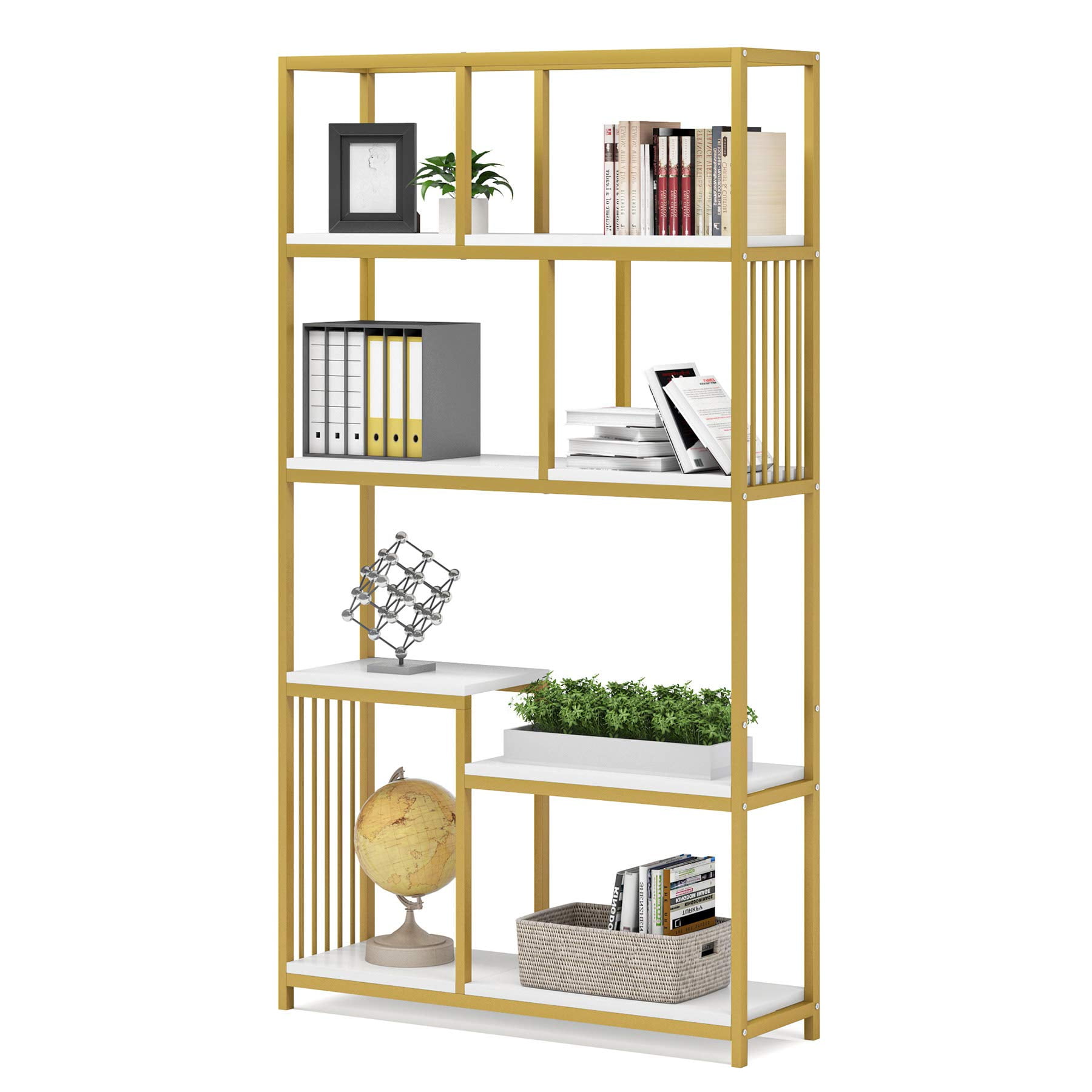 Tribesigns 7-Open Display Shelf Bookcase Etagere Bookshelf with Gold Tube Frame 