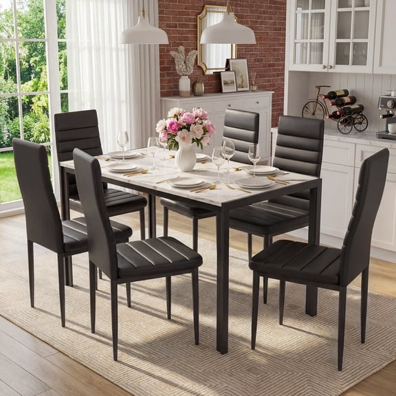 7 Piece Dining Table Set, Marble Dining Room Table Set for 6, Space Saving Kitchen Table and Chairs for 6, Dinner Table Set for Living Room, Sturdy Metal Frame, Small Spaces
