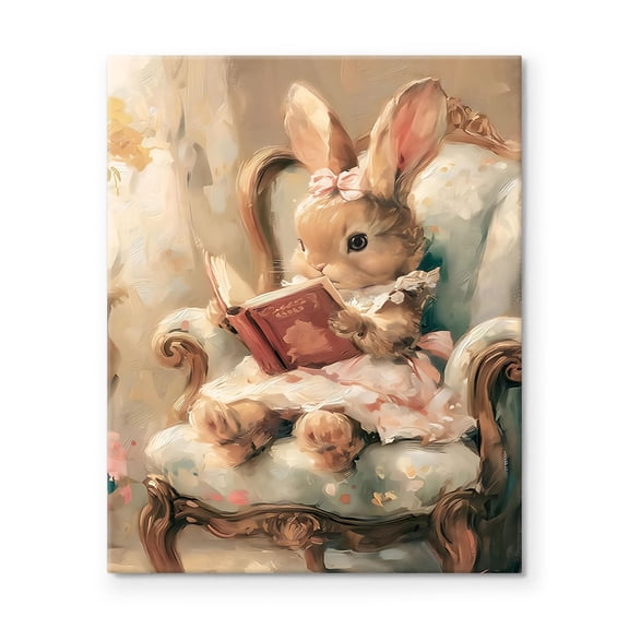 P&L Art Framed Canvas Wall Art - 8"x10" Charming Reading Bunny (Elegant Chair, Soft Bow Accent) - Cozy Nook & Tabletop Decor