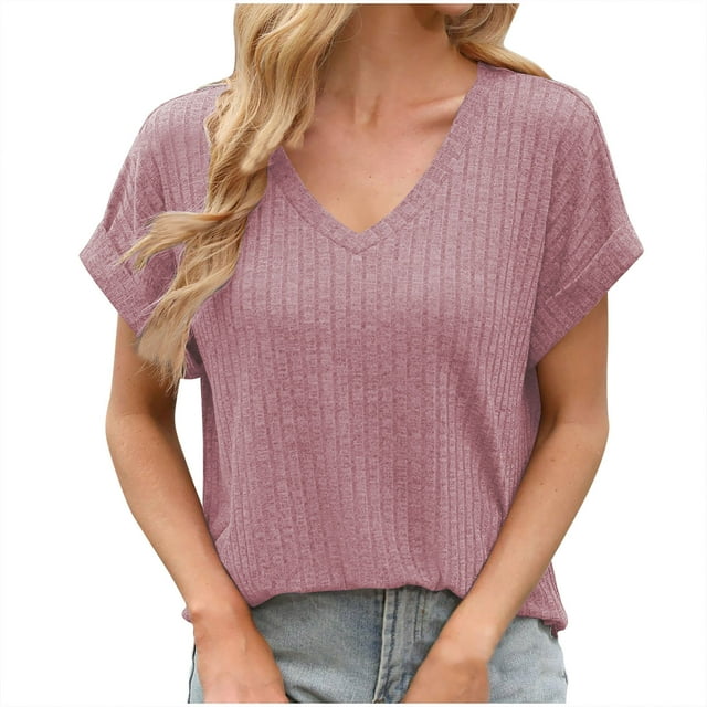 Timegard Summer Tops for Women V Neck Side Split Short Sleeve Comfy Solid Color Casual Tops Blouse