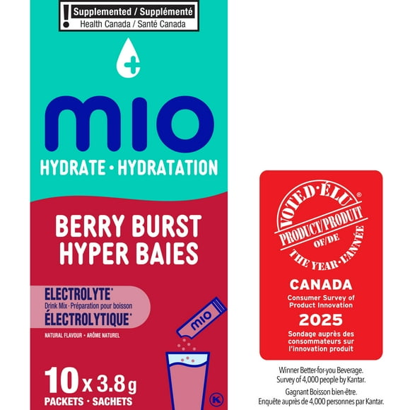 mio Hydrate Berry Burst Electrolyte Drink Mix, 3.8 g Packets, 10 ct Box, Mio Hydrate Berry Burst 3.8G X 10