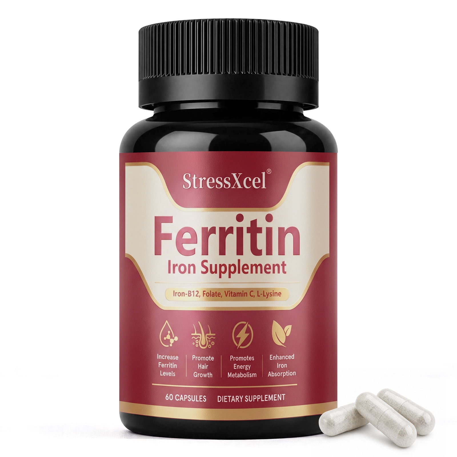 StressXcel Iron Ferritin Complex Capsules – Ferrous Bisglycinate combined with Lactoferrin, Vitamin C, B Vitamins, Folic Acid, Zinc, and Copper (60 capsules)