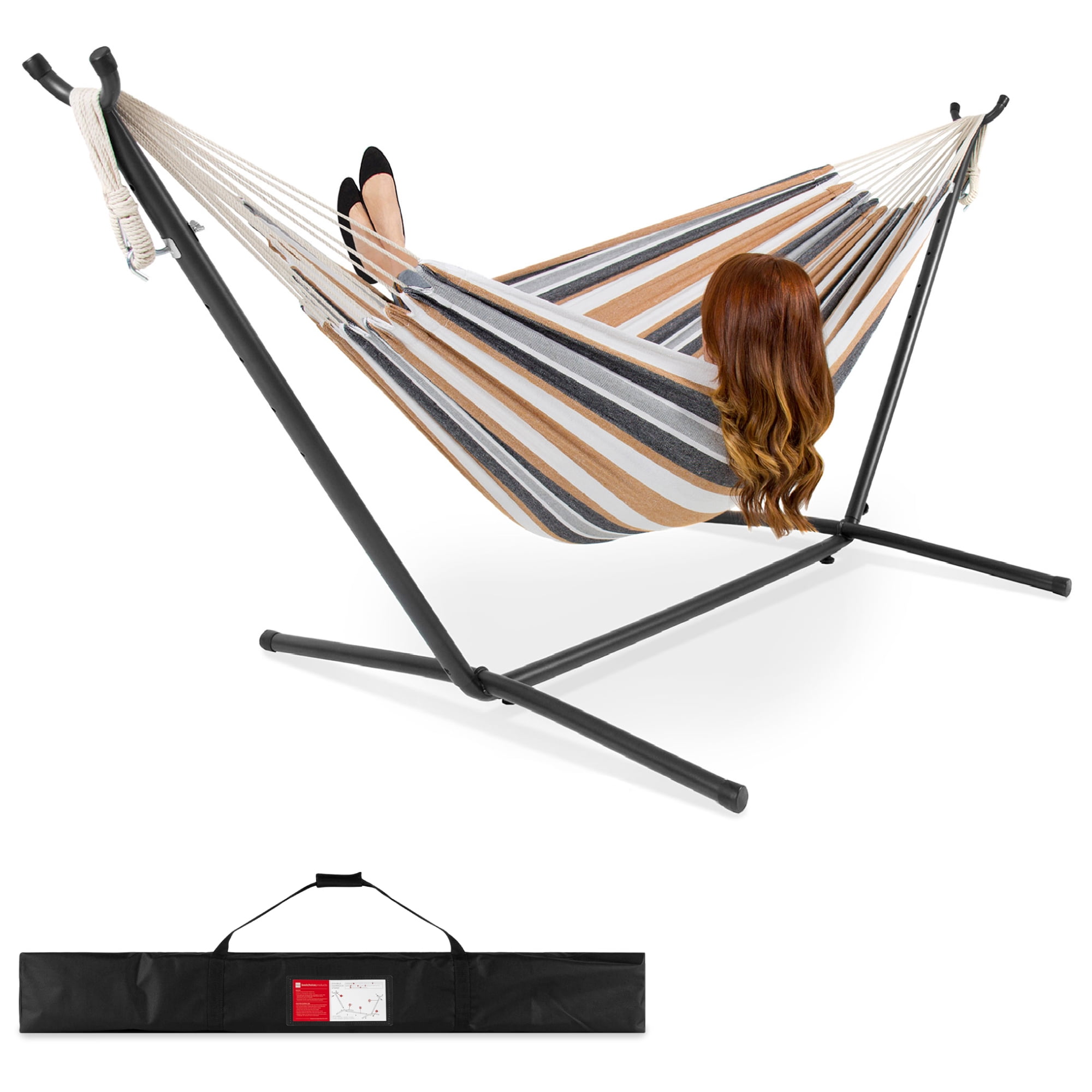 Best Choice Products 2-Person Brazilian-Style Cotton Double Hammock with  Stand Set w/ Carrying Bag - Desert Stripes