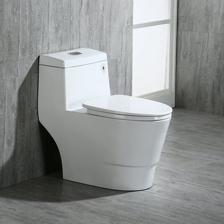 Woodbridge T-0001 , Dual Flush Elongated One Piece Toilet with Soft Closing Seat, Comfort Height, Water Sense, High-Efficiency, Rectangle Button, Pure