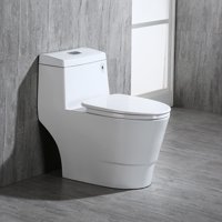 Woodbridge T-0001 , Dual Flush Elongated One Piece Toilet with Soft Closing Seat, Comfort Height, Water Sense, High-Efficiency, Rectangle Button, Pure White