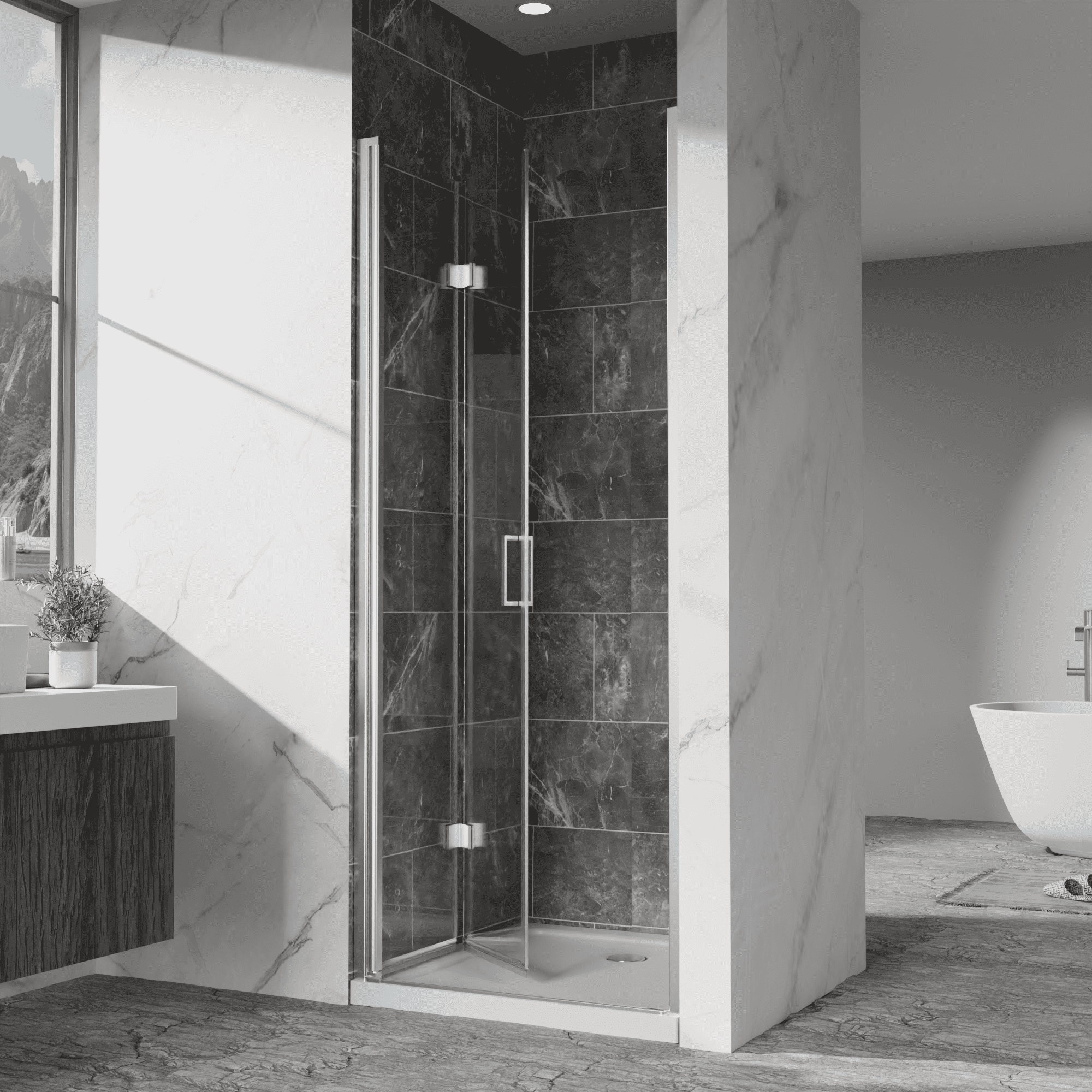 Pivot Shower Doors, 32" W x 72" H Frameless Bi-fold Swing Shower Door,1/4" (6mm) Clear Tempered Glass, Chrome, Reversible Installation