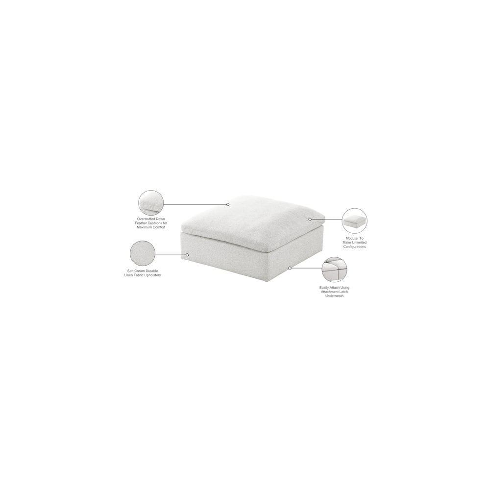 Meridian Furniture Serene Cream Durable Linen Fabric Deluxe Ottoman
