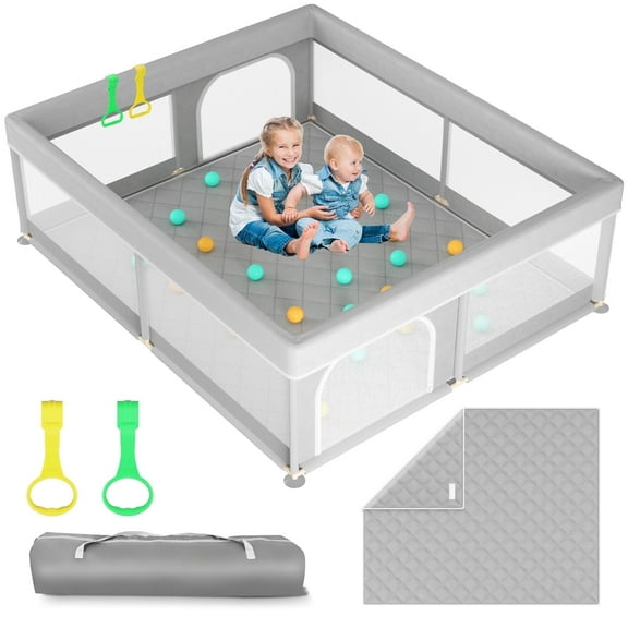 OMZER 71"x59" Baby Playpen with Mat, Sturdy Safety Playpen with Breathable Mesh, Extra Large Play Yard for Babies & Toddlers, Grey