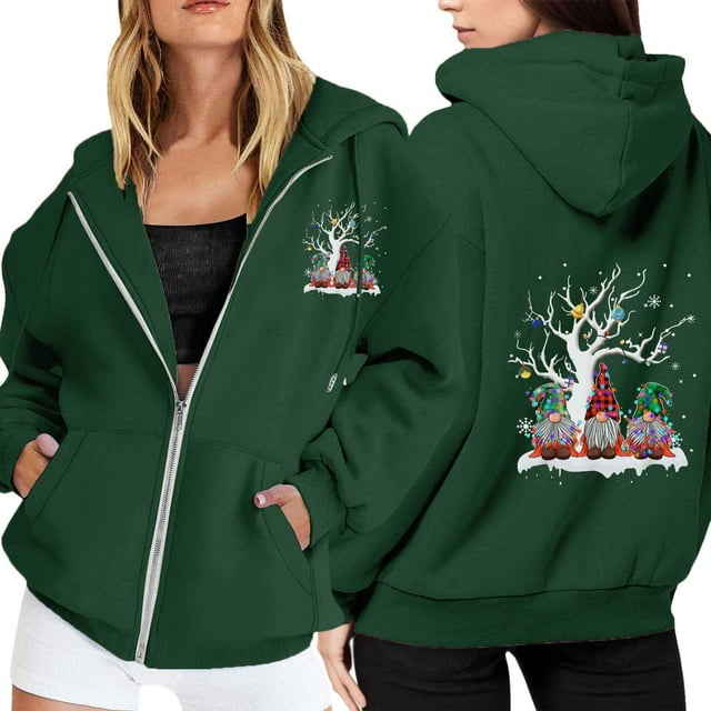 WILLBEST Sudadera Deportiva para Mujer Ladies' Christmas Printed Zipper Long Sleeved Pocket Adjuststring Casual Hooded Sweatshirt 1747 Mediana