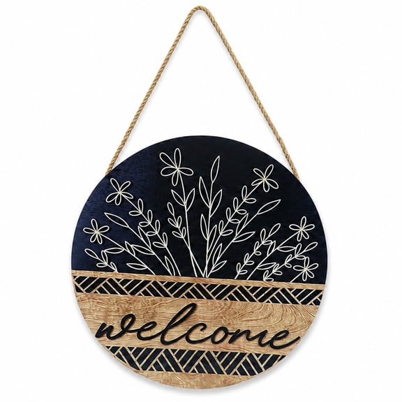 Welcome Round Wooden Door Hanger, Farmhouse Floral Line Art Welcome Sign, Rustic Wall Hanging Plaque with Hanging Rope for Front Door Porch Entryway Home Decor