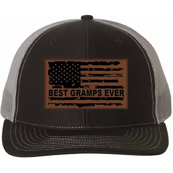 Best Gramps Ever Hat with American Flag, Personalized Leather Patch Cap, Custom Gramps Gift, Patriotic Grandpa Hat, Custom Cap for Him (Black Charcoal)