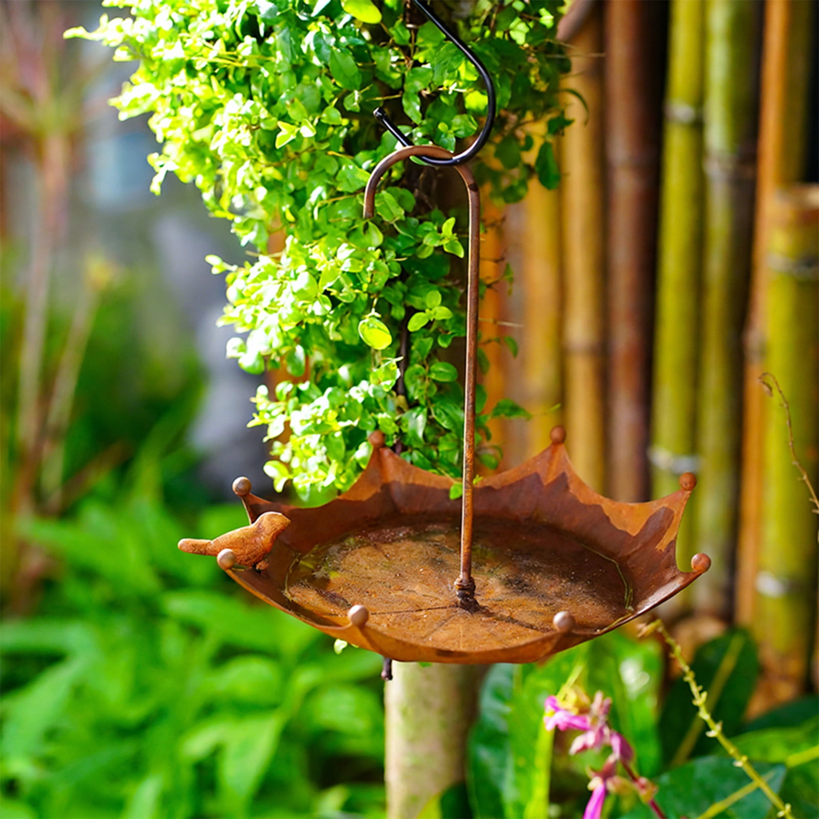DAMAI Metal Umbrella Bird Feeders, Upside Down Umbrella Shape Bird Feeder with Hooks, Hummingbird Feeder for Outside, Metal and Water Bowl, Garden Backyard Decor, Brown