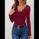 thumbnail image 4 of Blusa de Larga con Cuello en V y Encaje de con Bordado Floral para Mujer Vino Tinto M, 4 of 9