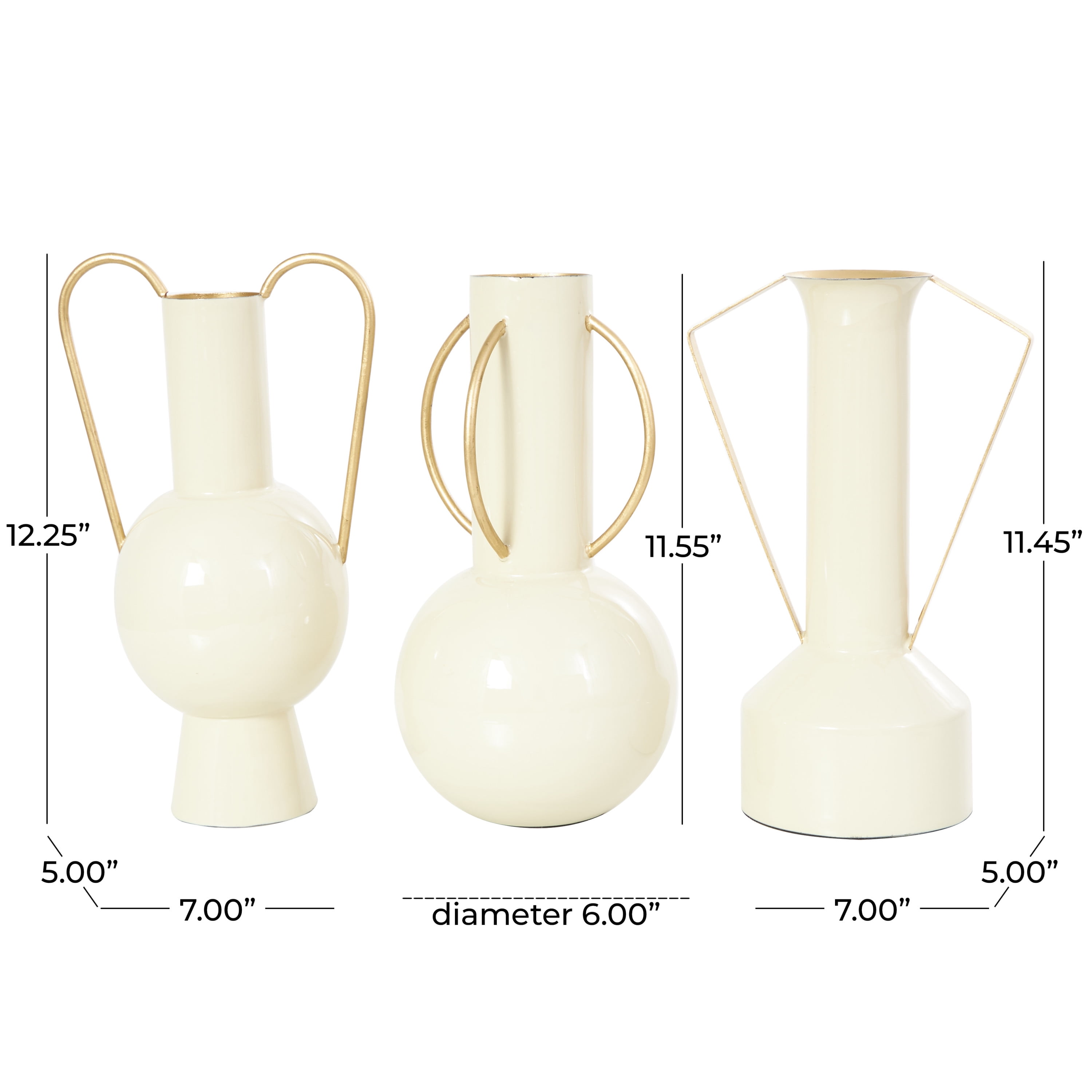 CosmoLiving by Cosmopolitan 11", 12", 12"H Abstract Cream Metal Vase with Varying Shapes and Geometric Gold Handles, Set of 3