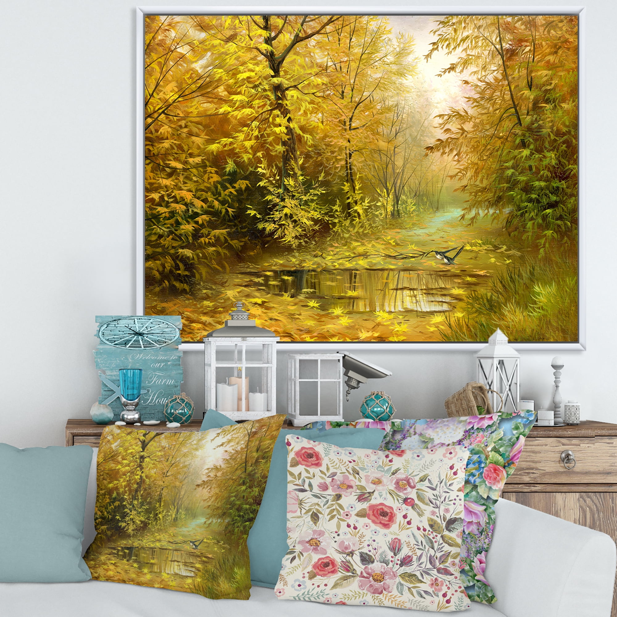 Designart 'Rain Water On Road In Yellow Woodlands' Country Framed Canvas Wall Art Print