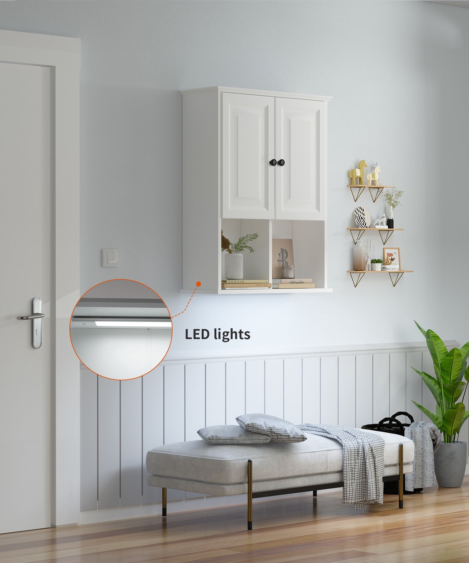 HAIOOU Bathroom Wall Cabinet with Motion Sensor LED Light, Over Toilet Storage Cabinet with Buffering Hinges and Adjustable Shelf (White)