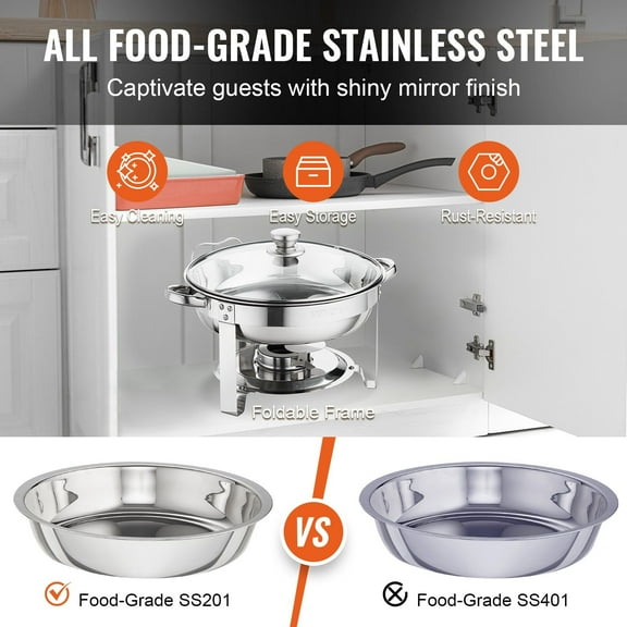 2-Piece Round Chafing Dish Set Includes 4 Quart Full-Size Pan, Glass Lid and Fuel Holder – Food Warmer for Events