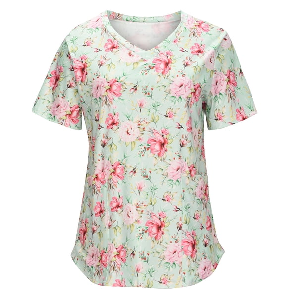 Moda Mujer Causal V-Cuello Blusa Estampada Manga Corta Bolsillos Camiseta Verano Tops Fridja ghk6277