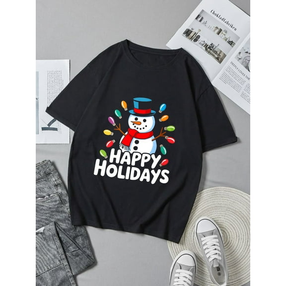 Christmas Snowman Happy Holidays Print With Lights And Design Black Graphic T-Shirt for Men Women ,Tops Tee