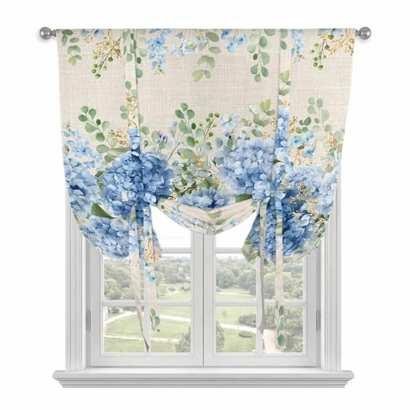 Hydrangea Eucalyptus Tie Up Curtains for Kitchen Windows,Adjustable Rod Pocket Valance 45 Inch Short, Summer Botanical Vintage Beige Window Treatment Balloon Roman Blind Shade, 42" x 45"