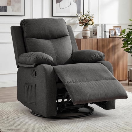 GEEYOO Manual Swivel Rocker Recliner Chair with Side Pockets,Small Recliner Chair for Small Spaces,Upholstered Linen Fabric Glider Nursery Chair for Living Room,Dark Grey