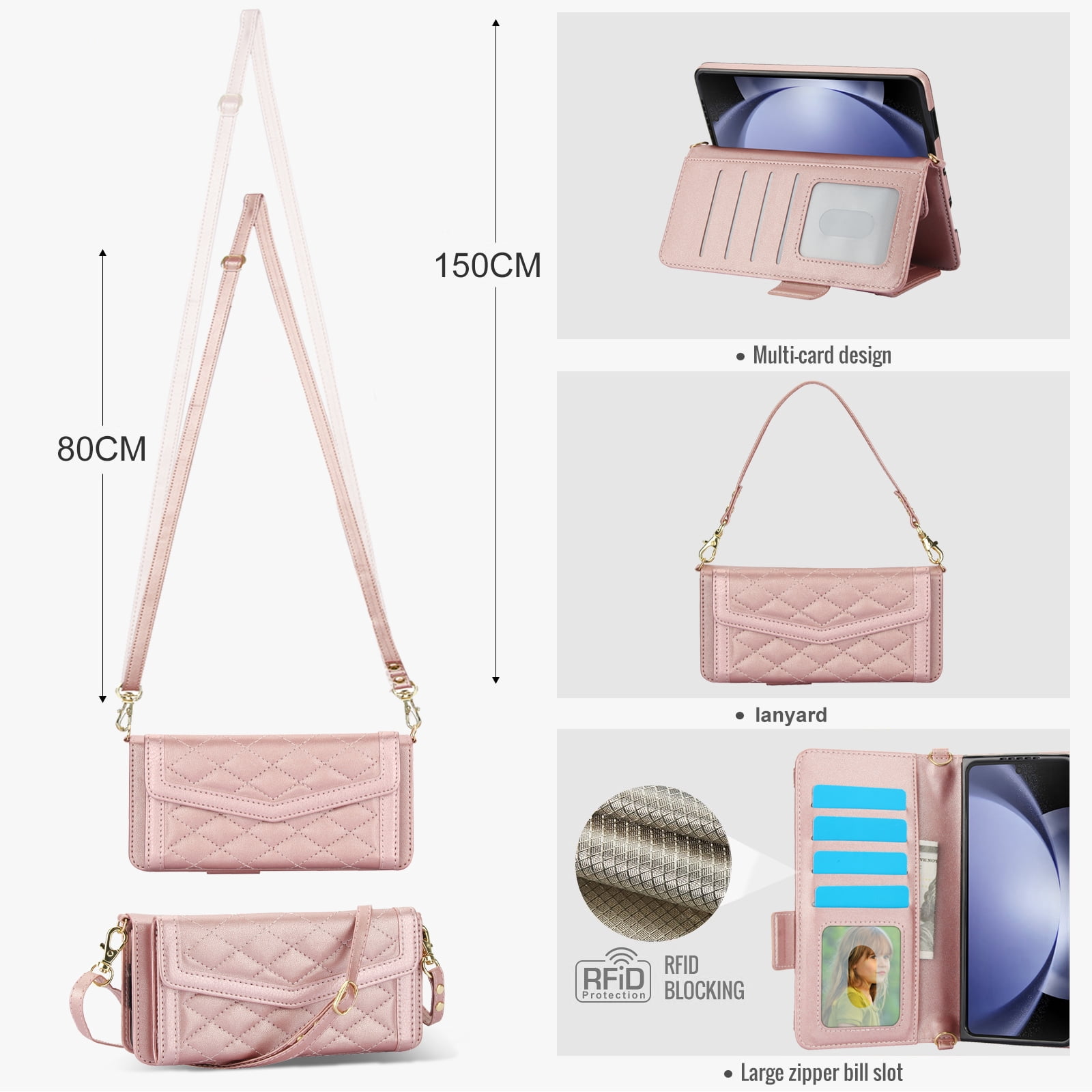 for Samsung Galaxy Z Fold 5 Case Wallet with S Pen Holder for Women, 12 Card Holder & 2 Cash Pocket & Shoulder Strap & Wristlet Flip Stand PU Leather Phone Case with RFID Blocking, Rosegold