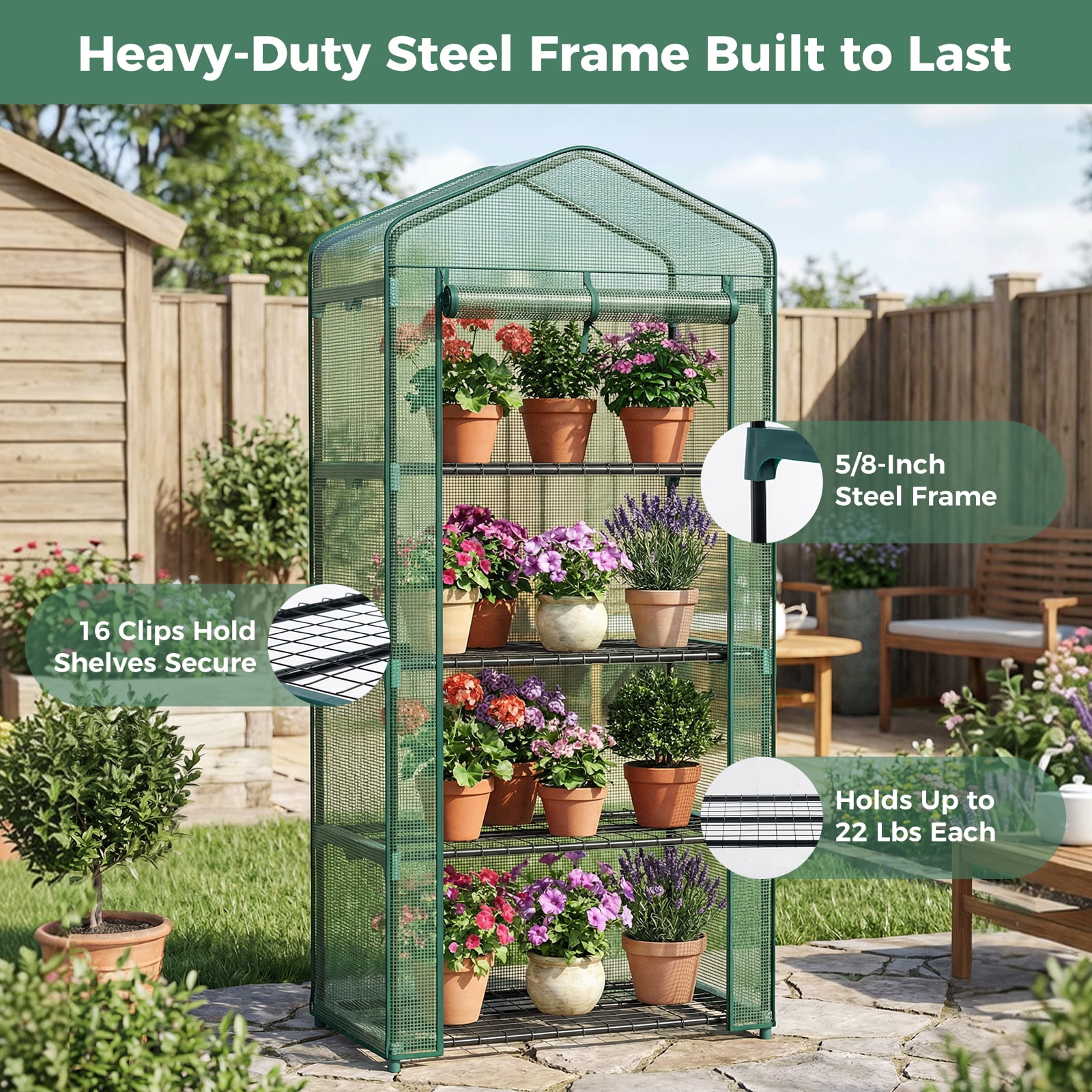 CONCETTA 4-Tier Mini & Portable Greenhouse with Rust-Resistant Steel Frame, Clear PVC Cover for Indoor or Outdoor Gardening, Green