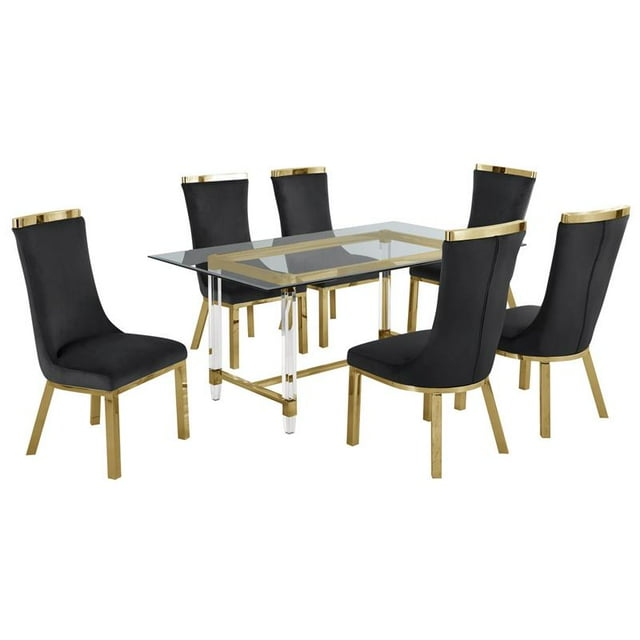 7pc. 68" x 40" Glass Dining Set with 6 Chairs and Gold Stainless Steel
