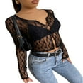 thumbnail image 3 of Sexy See-through Long Sleeve  Neck Button Down Lace Tops, 3 of 4