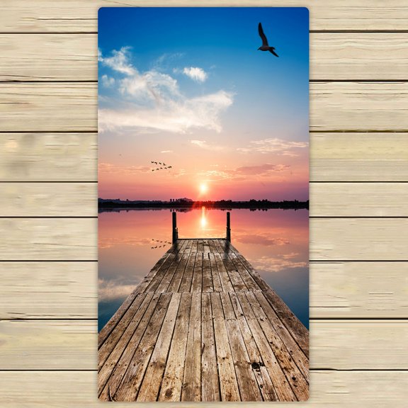 PHFZK Seascape Towel, Bird Flying the Wooden Bridge at Sunrise Hand Towel Bath Bathroom Shower Towels Beach Towel 30x56 inches