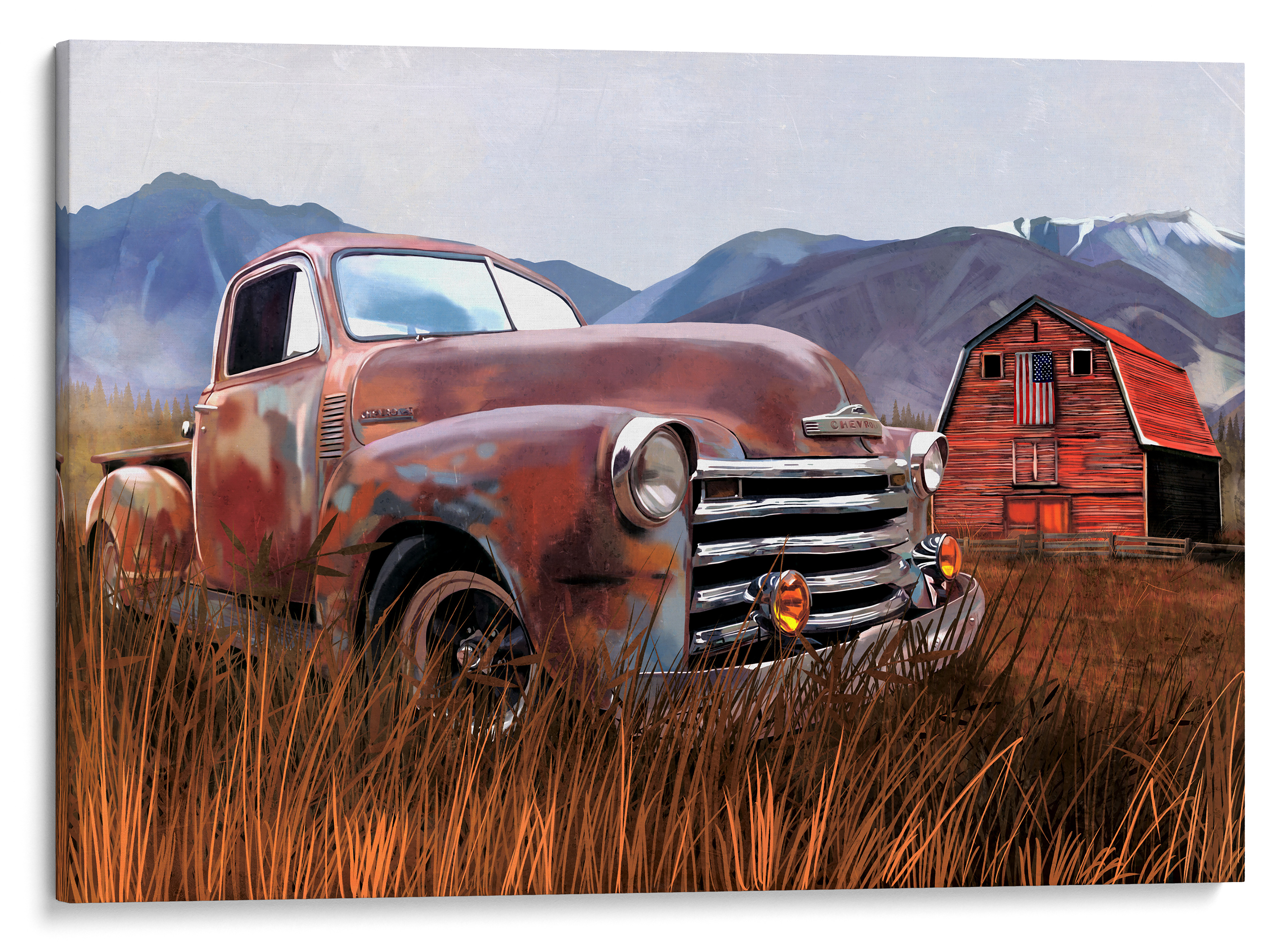 INTALENCE ART Old Red Barn American Flag and Retro Chevy Truck Picture Wall  Art Home Decor. 8x12in Vintage, Country Print on Canvas. Living Room,  Bathroom, and Bedroom Poster Decoration. Easy to Hang