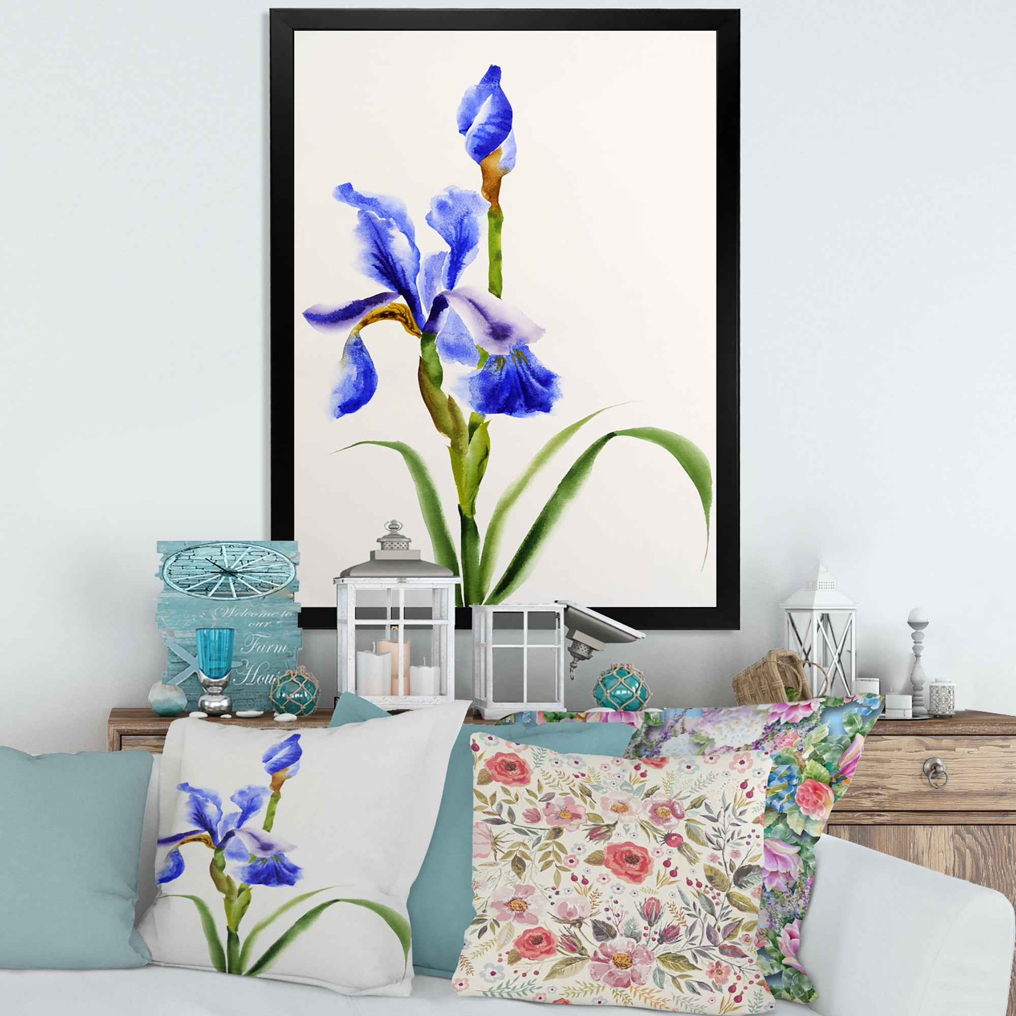 Designart 'Blue Iris Flower Retro Style' Traditional Framed Art Print